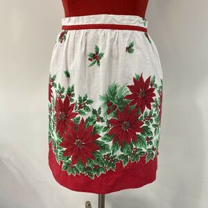 Vintage Christmas Apron Printed Cotton Red White Green Poinsettias & Holly Motif